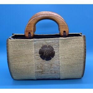 Vintage 60s Woven Bamboo Straw Wood‎ Top Handle Handbag Coconut Shell Button